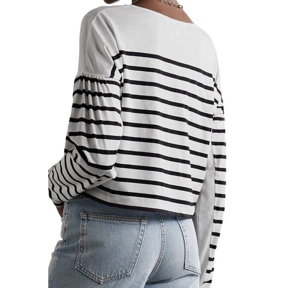 La Ligne NWT Stripe Cotton Jersey White Black Long Sleeve Top Sz L Drop Shoulder - Picture 2 of 11